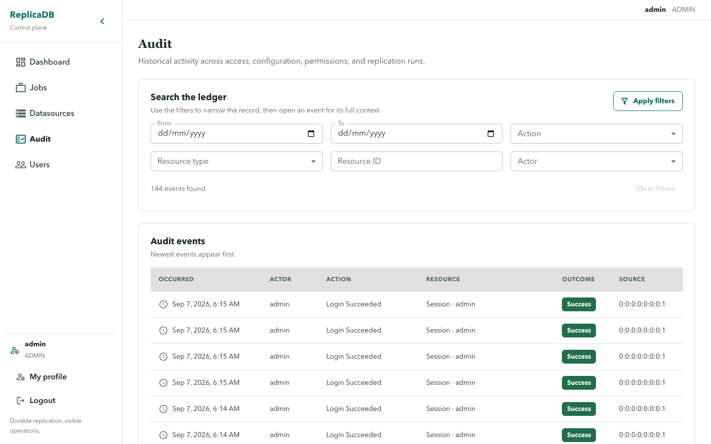 ReplicaDB audit event catalog and filters