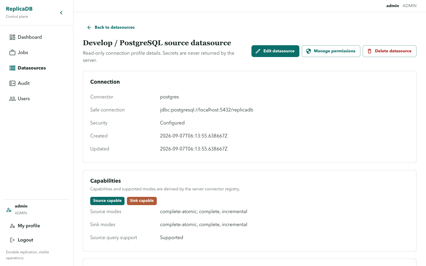 ReplicaDB datasource detail page