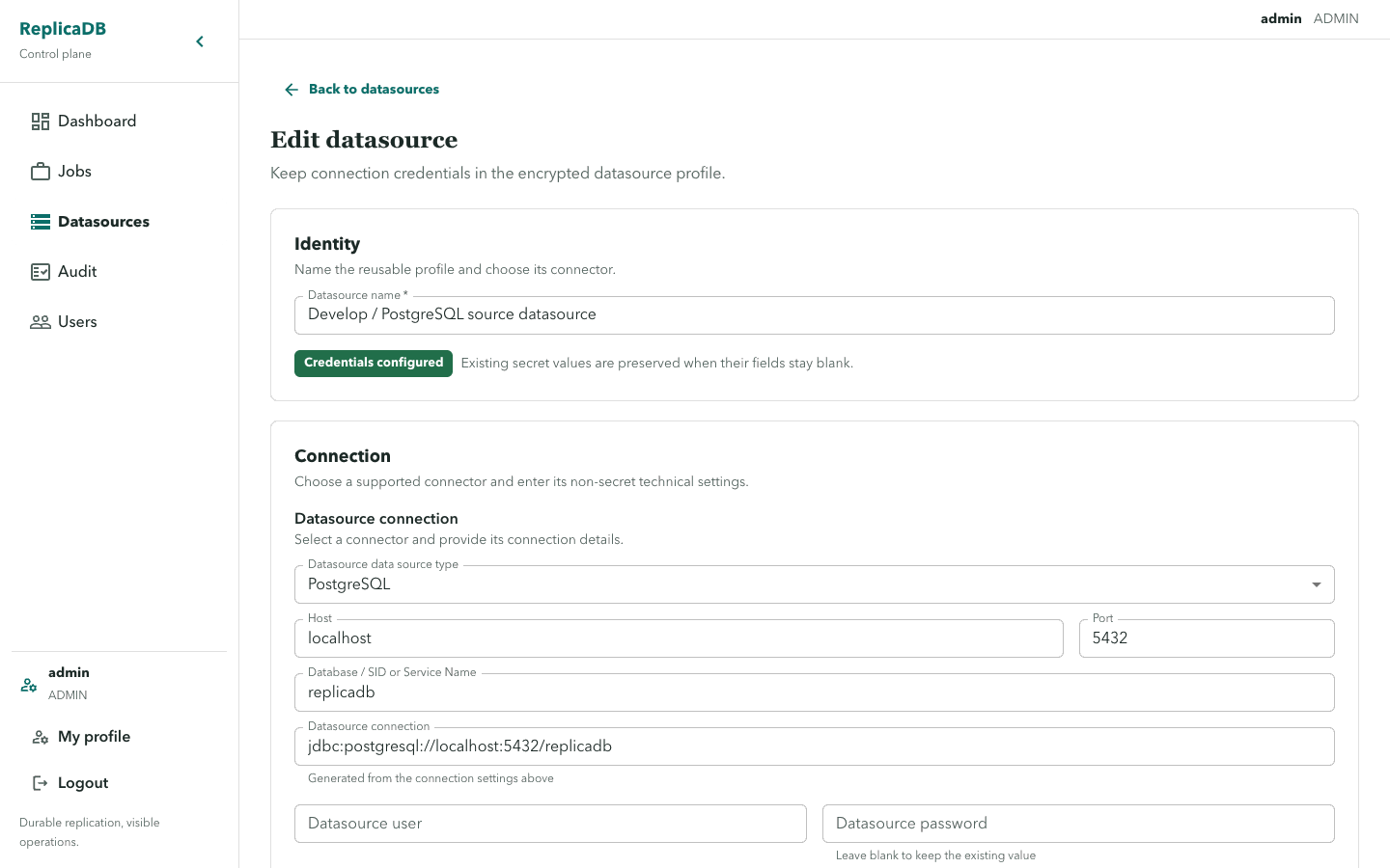 ReplicaDB datasource edit form