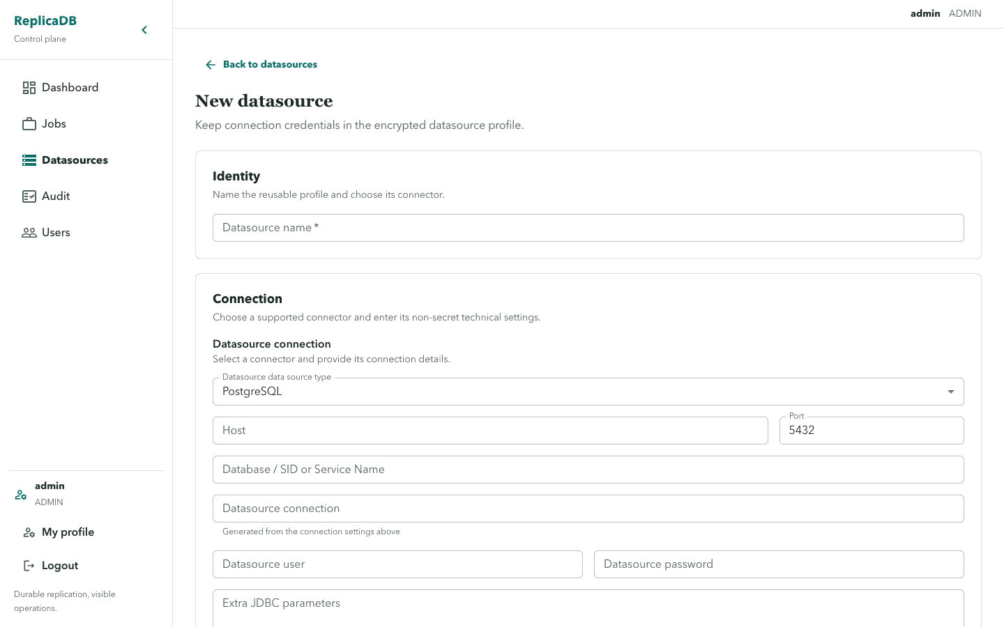 ReplicaDB new datasource form