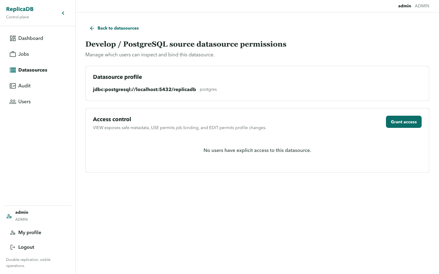 ReplicaDB datasource permissions