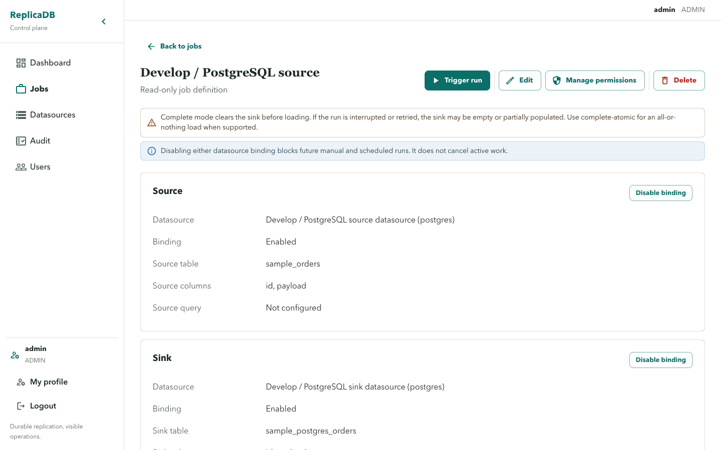 ReplicaDB job detail page