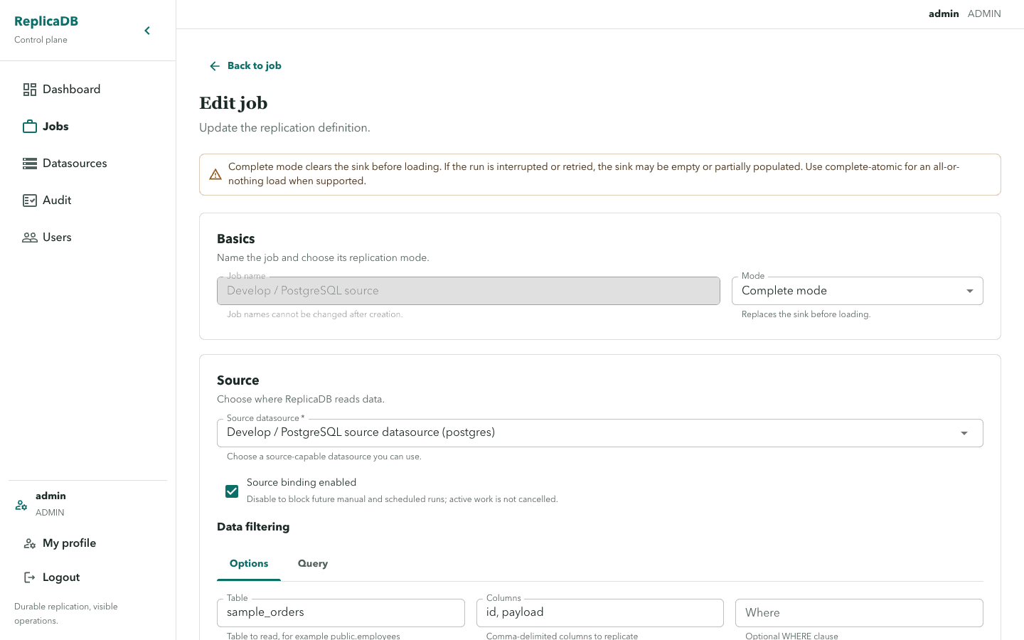 ReplicaDB job edit form