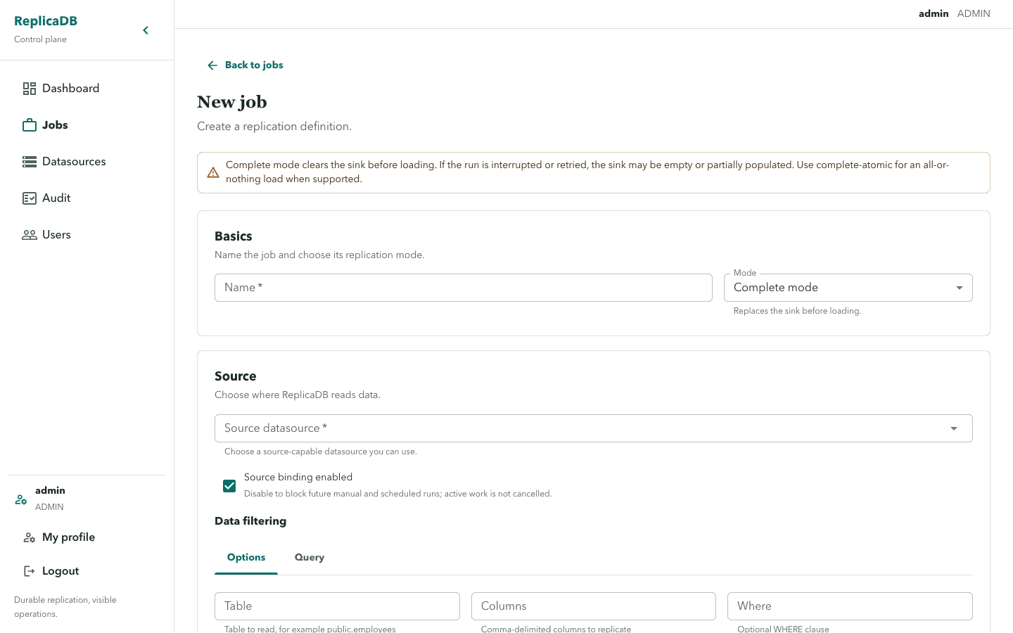 ReplicaDB new job form