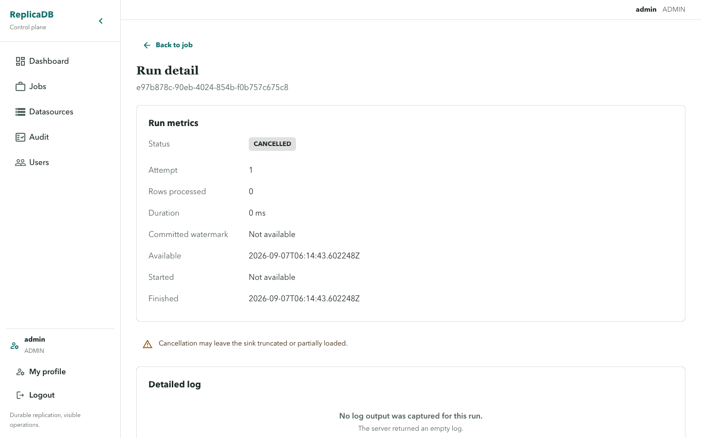 ReplicaDB run detail and bounded diagnostics