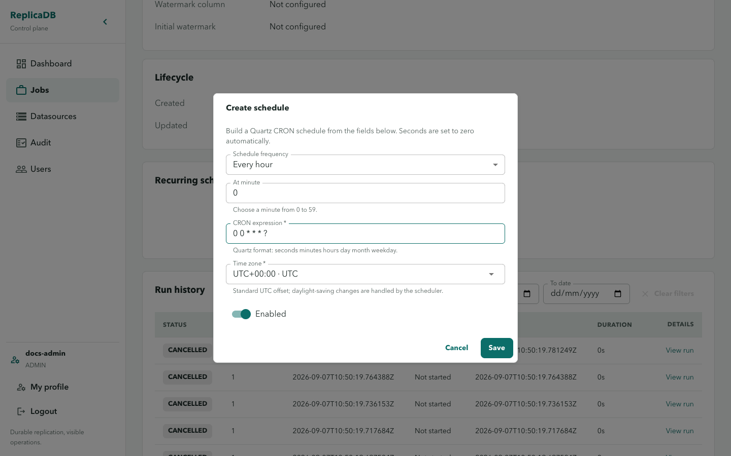ReplicaDB schedule configuration dialog