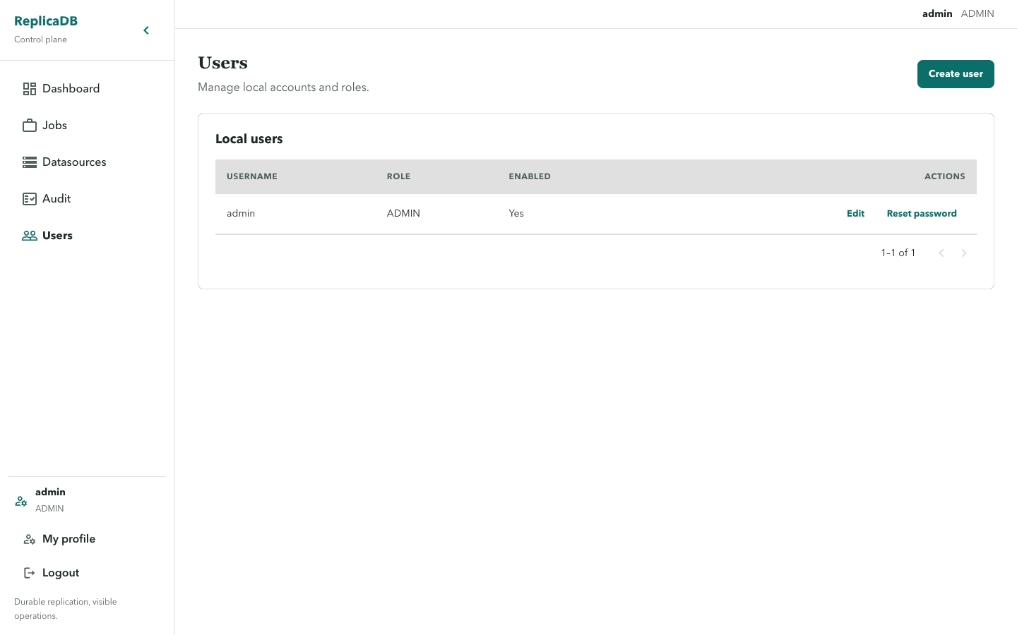 ReplicaDB user administration page